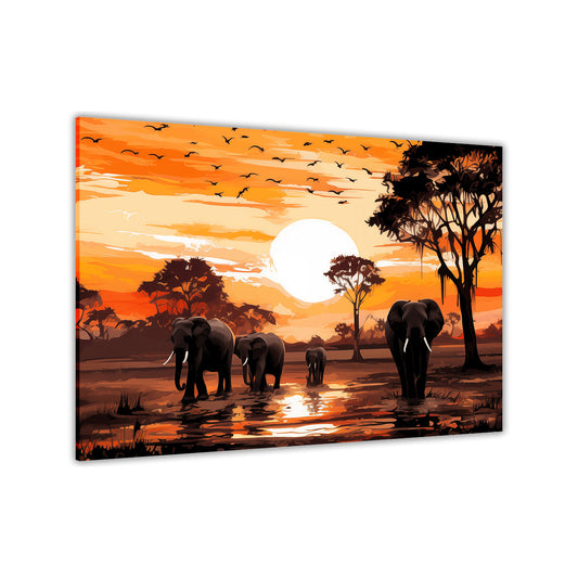 African Sunrise Elephants Canvas Wall Art Picture Print for the Living Room, Bedroom, Home Decor