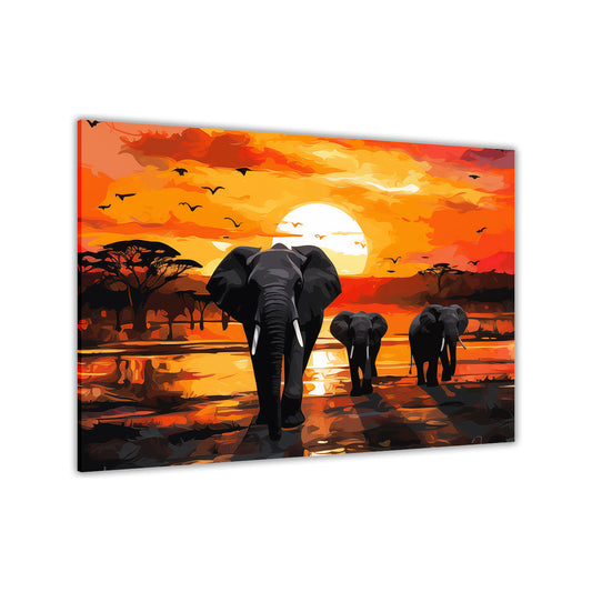 African Sunset Elephants Canvas Wall Art Picture Print for the Living Room, Bedroom, Home Decor