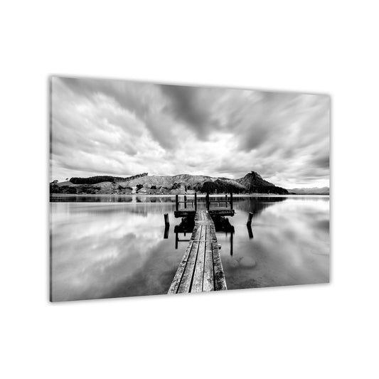 Pier On Lake Black & White Canvas Wall Art Picture Print for the Living Room, Bedroom, Home Decor