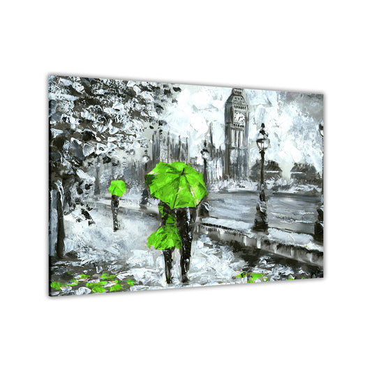 London Green Umbrella Canvas Wall Art Picture Print for the Living Room, Bedroom, Home Decor