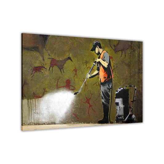 Banksy Cleaning Graffiti Canvas Wall Art Picture Print for the Living Room, Bedroom, Home Decor