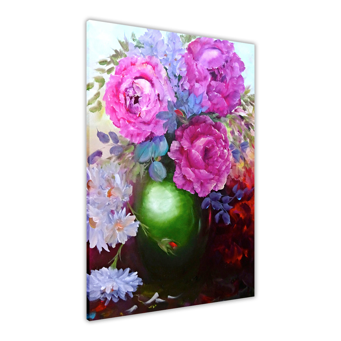 Pink Flower Green Vase Canvas Wall Art Picture Print for the Living Room, Bedroom, Home Decor