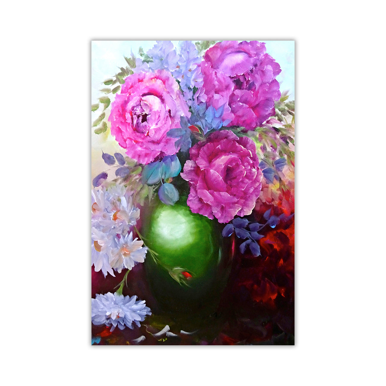 Pink Flower Green Vase Canvas Wall Art Picture Print for the Living Room, Bedroom, Home Decor